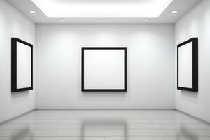 ai generato moderno arte galleria interno, pulito bianca spazio con vuoto immagine cornici, ai generativo foto