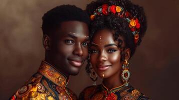 ai generato africano giovane romantico e contento coppia nel amore nel il tradizionale abiti. foto