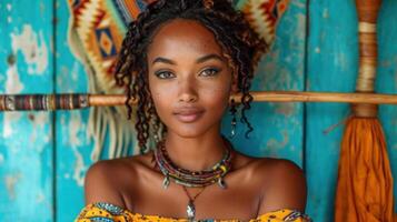 ai generato ritratto di un' bellissimo giovane africano donna con afro acconciatura foto