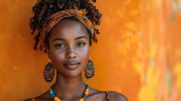 ai generato ritratto di un' bellissimo giovane africano donna con afro acconciatura foto