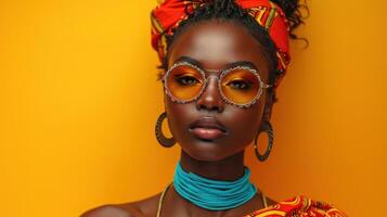 ai generato bellissimo africano americano donna con luminosa rendere su e occhiali da sole foto