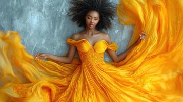 ai generato bellissimo africano americano donna nel giallo vestito con afro acconciatura foto