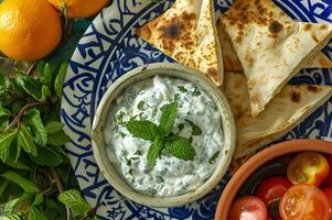 ai generato meze Magia menta Yogurt tuffo su folk-chic Pita piatto foto