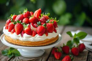 ai generato dolce primavera indulgenza da vicino tiro di un' succulento fragola shortcake foto