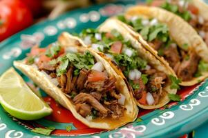 ai generato Carnitas fiesta tacos su un' tradizionale popolare ceramica piatto foto