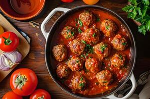 ai generato mediterraneo Magia Polpette nel pomodoro e vino salsa con popolare eleganza foto