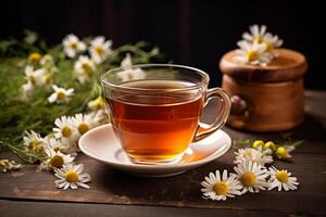 ai generato tazza di tè e camomilla fiori su di legno sfondo foto