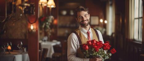 ai generato bello elegante uomo Tenere rosso Rose e sorridente nel ristorante, San Valentino concetto foto