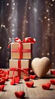 ai generato cuore simbolo su di legno blocchi su San Valentino sfocatura bokeh sfondo per sociale media in linea i saldi foto