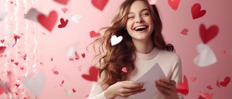 ai generato eccitato positivo ragazza sorridente e guardare a caduta cuore carta nel San Valentino giorno su rosa sfondo foto