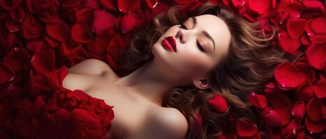 ai generato signora nel un' rosso vestito dire bugie su il pavimento con rosso rosa petali sfondo nel San Valentino giorno concetto foto