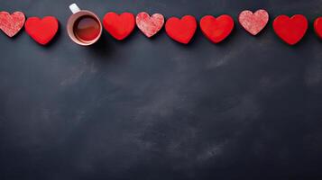 ai generato tazza di caffè e cuori al di sopra di lavagna sfondo con copyspace, San Valentino concetto foto