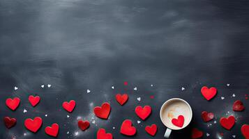 ai generato tazza di caffè e cuori al di sopra di lavagna sfondo con copyspace, San Valentino concetto foto