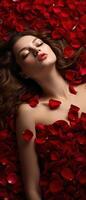 ai generato signora nel un' rosso vestito dire bugie su il pavimento con rosso rosa petali sfondo nel San Valentino giorno concetto foto