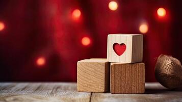 ai generato cuore simbolo su di legno blocchi con copyspace su San Valentino sfocatura bokeh sfondo foto