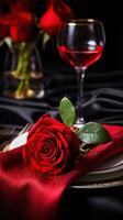 ai generato romantico cena con nero eleganza tavolo ambientazione e rosso rosa su San Valentino giorno o compleanno concetto foto