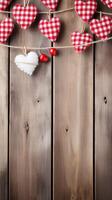 ai generato San Valentino percalle cuori con corda e clip sospeso su rustico legna copia spazio sfondo foto