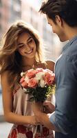 ai generato contento giovane coppia Tenere fiori incontri nel città sfocatura bokeh sfondo foto