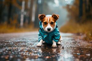 ai generato piovoso giorno elegante piccolo cane ruba il mostrare nel di moda impermeabile foto