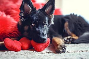 ai generato cucciolo amore canino affetto nel San Valentino cuori foto