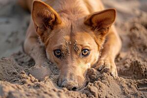 ai generato sole, sabbia, e code beato animali domestici su il spiaggia foto