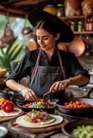 ai generato assaporando tradizione femmina capocuoco lavorazione autentico messicano cucina foto