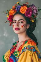 ai generato radiante eleganza donna nel colorato messicano ispirato abbigliamento foto
