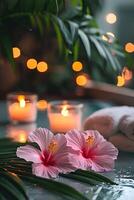 ai generato floreale serenità un' tranquillo terme giorno in mezzo tropicale fiori e candele foto