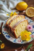 ai generato primavera semplicità Limone libbra torta fette con torsolo elegante foto