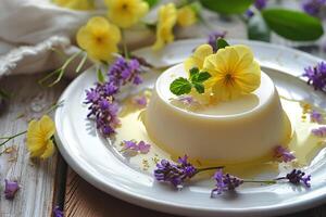 ai generato Limone gusto diletto semplice composizione di italiano panna cotta nel primavera foto