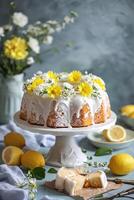 ai generato celeste agrume glassato al limone angelo cibo torta nel semplice primavera serenità foto