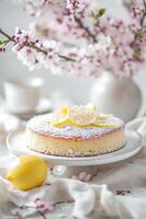 ai generato torsolo gusto vegano Limone e mandorla torta nel semplice primavera beatitudine foto