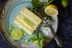 ai generato primavera gusto diletto Limone e lime gusto torta con torsolo eleganza foto