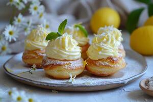 ai generato torsolo fusione ripieno di limone profiteroles nel semplice primavera armonia foto