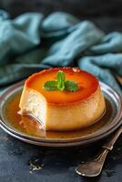 ai generato caramello sinfonia messicano flan nel un ad arte artigianale piatto foto