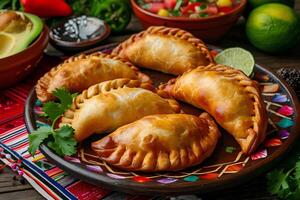 ai generato fruttato diletto messicano pieno di frutta empanadas su un' popolare fondale foto