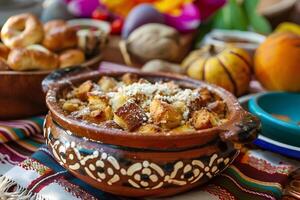 ai generato folclore festa capirota messicano pane budino su un' semplice fondale foto