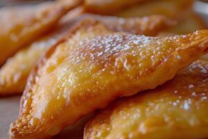 ai generato d'oro perfezione avvicinamento di perfettamente fritte sopapilla foto