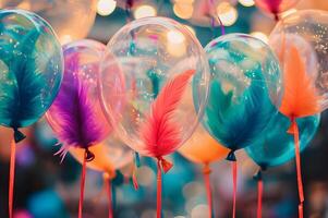ai generato piumato fantasia trasparente palloncini pieno con colorato pennacchi foto