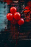 ai generato urbano vibrazione palloncini nel un' mazzo popping contro un' vivace graffiti parete foto