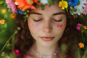 ai generato abbraccio il fioriture donna di naturale bellezza nel primavera bandiera di automedicazione foto