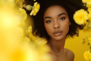 ai generato soleggiato eleganza vivace giallo bellezza bandiera con donna nel primavera florals foto