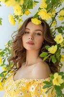 ai generato soleggiato eleganza vivace giallo bellezza bandiera con donna nel primavera florals foto