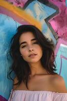 ai generato urbano fiorire bellissimo ragazze primavera fascino con pastello graffiti foto