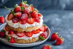 ai generato dolce primavera indulgenza da vicino tiro di un' succulento fragola shortcake foto