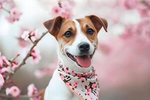 ai generato petalo giocare bellissimo primavera bandiera cattura il gioia di un' contento cane foto