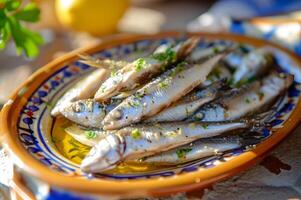 ai generato mediterraneo sinfonia marinato bianca acciughe su un' elegante vassoio foto