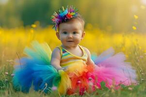 ai generato colorato cuties adorabile arcobaleno bambino piccolo moda per primavera foto