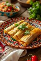 ai generato stuzzicante tamales un' racconto di gusto su un' stile talavera piatto foto