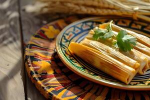 ai generato stuzzicante tamales un' racconto di gusto su un' stile talavera piatto foto